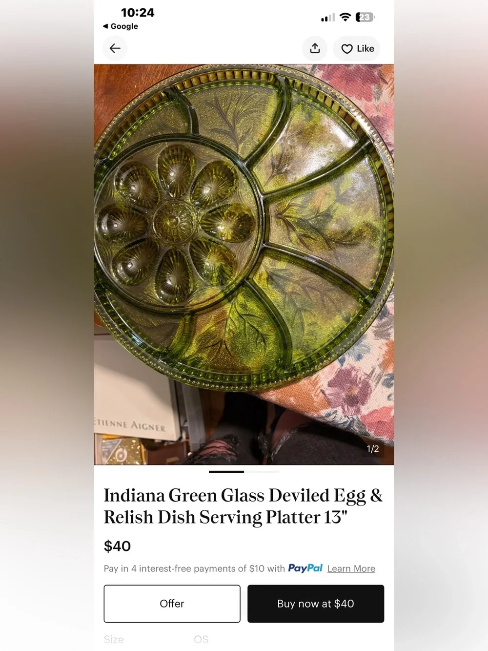 Etienne Aigner Olive Green Glass Divided Serving Platter, Vases and Flower divid